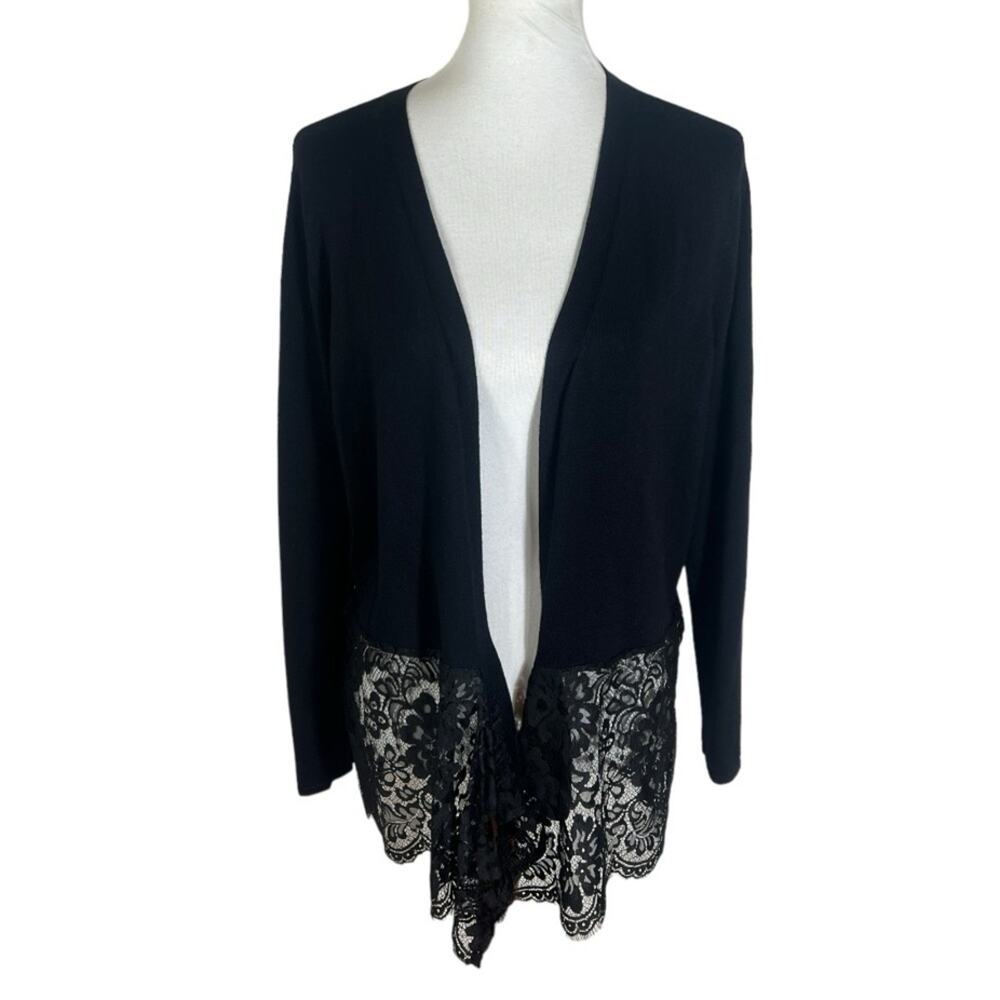 Thalia Sodi Black Knit Open Tunic Cardigan with Lace Trim Size L